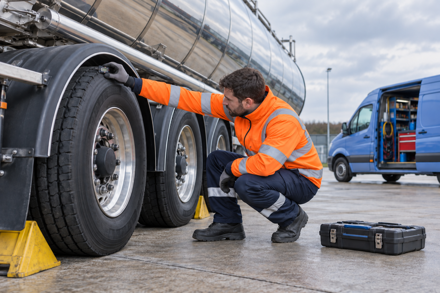 Tyre fitter inspecting a commercial tyre beside a silver tanker trailer and periwinkle service van